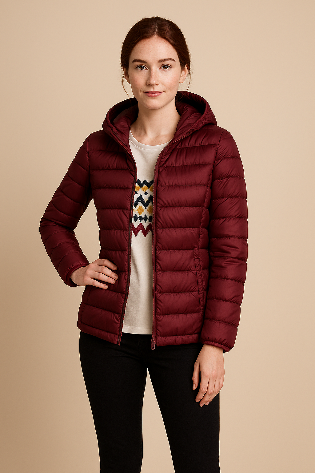 Women’s Tailored Quilted Down Jacket with Hood – Hip-Length Lightweight Design
