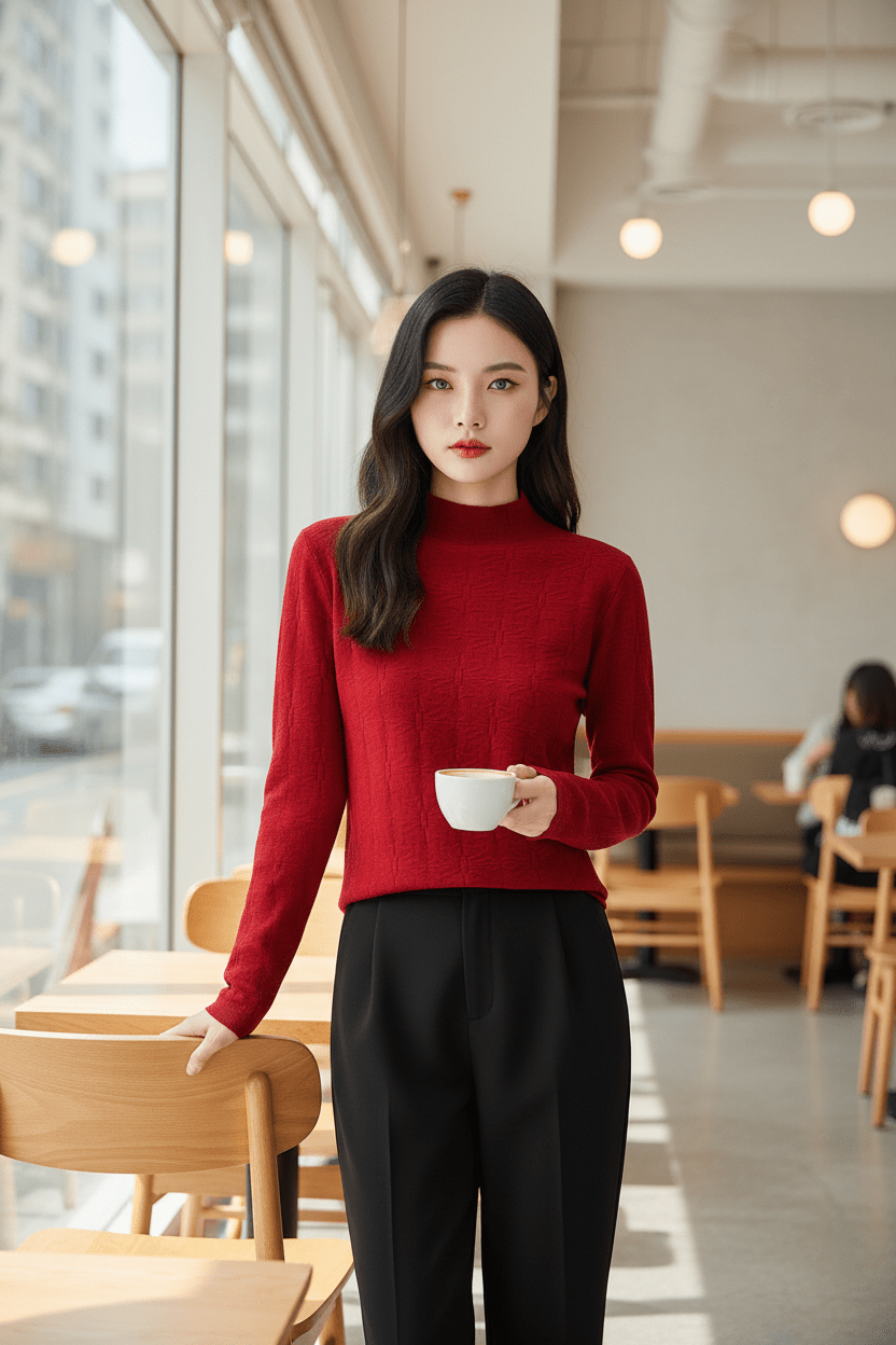 Women’s Textured Knit Jumper with Mock Neck and Slim Fit