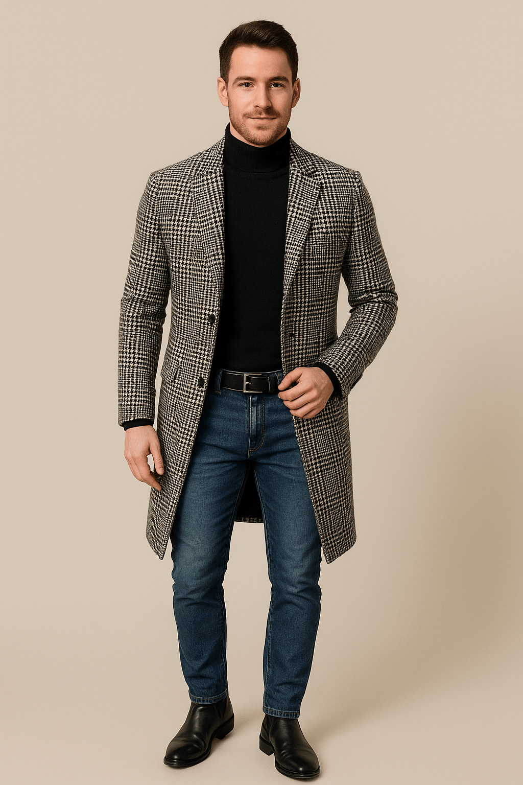 Men’s Wool Blend Check Trench Coat with Lapel
